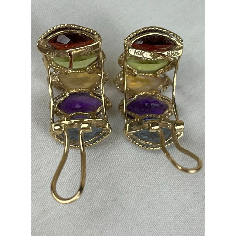 PTJ 14k YELLOW‎ GOLD GARNET, PERIDOT, BLUE TOPAZ, AMETHYST & TOPAZ HOOP EARRINGS
